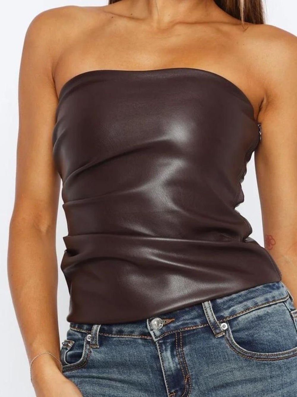 White Fox Faux Strapless PU Bustier Chocolate